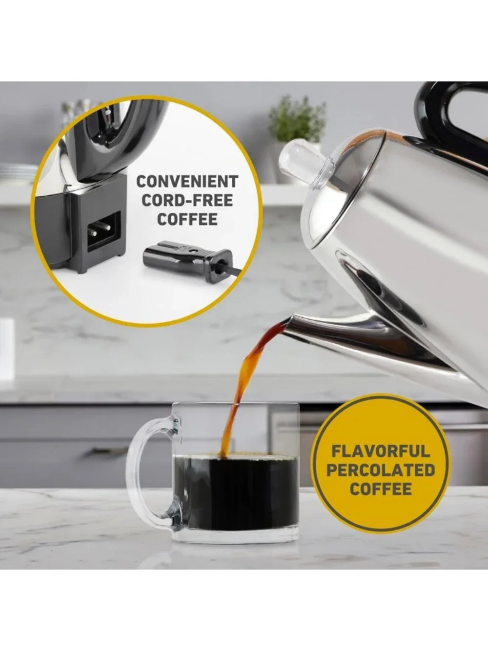 Classic Electric Coffee Percolator, 12-Cup, Stainless Steel, Heat-Resistant